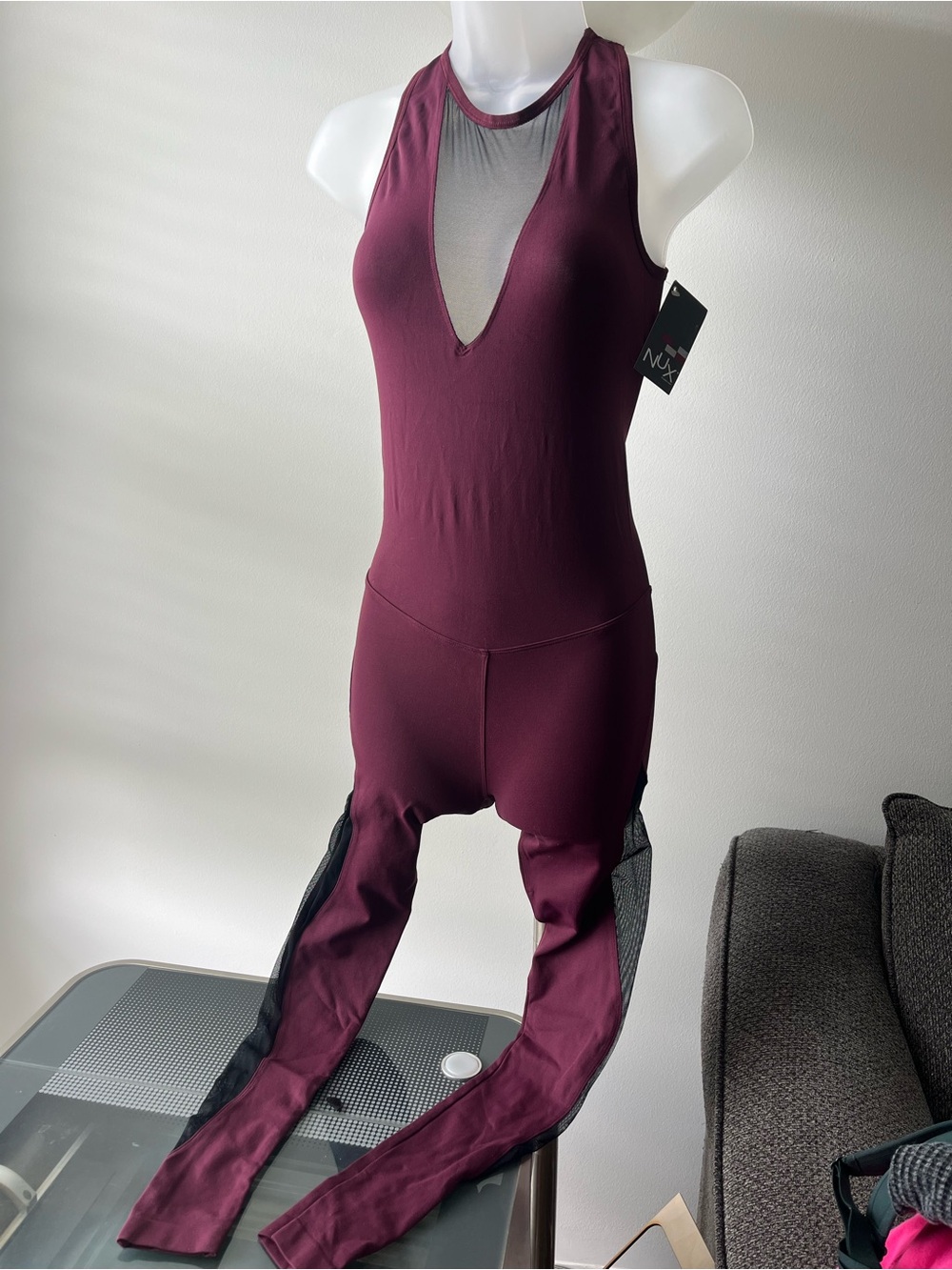 NUX Burgundy Mesh-Panel Jumpsuit